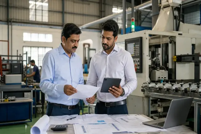 Indian business owner reviewing a long-term project finance schedule