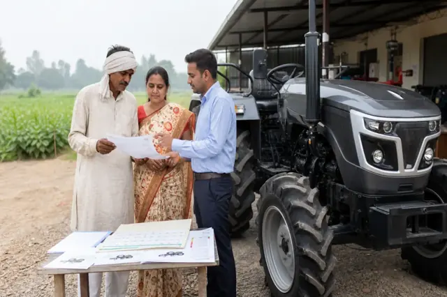 Indian farmer reviewing tractor costs and seasonal farm income