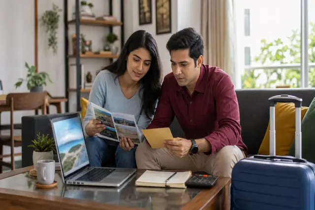 Indian traveller planning a trip and reviewing a travel budget
