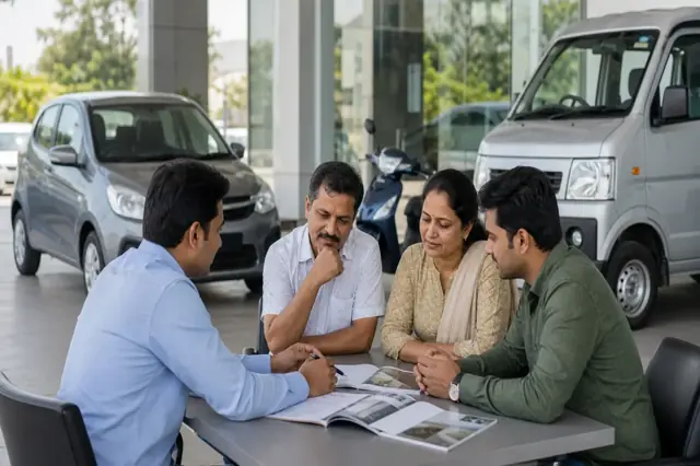 Indian family reviewing vehicle choices and financing costs