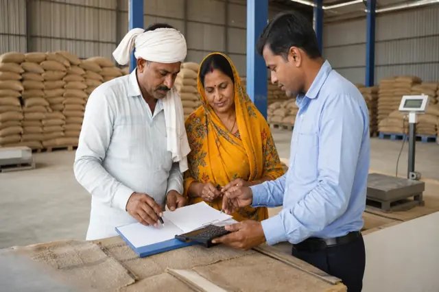 Indian farmer reviewing stored produce and warehouse receipts