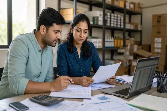 Indian SME team reviewing invoices and a short-term working-capital gap