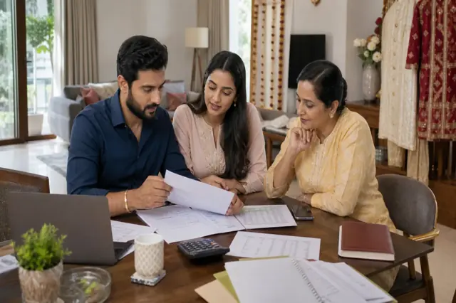 Indian couple planning wedding expenses with a notebook and laptop