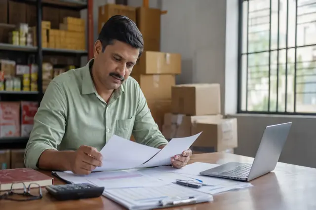Indian business owner reviewing inventory and operating cash flow