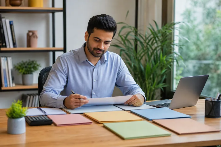 Indian professional comparing diversified mutual-fund documents