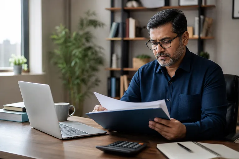 Indian professional reviewing retirement planning documents