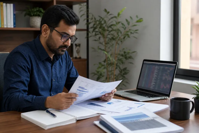 Indian investor calmly reviewing equity research