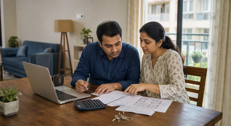 Indian couple evaluating a property decision