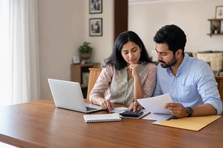Indian salaried couple comparing income, existing EMIs and loan affordability