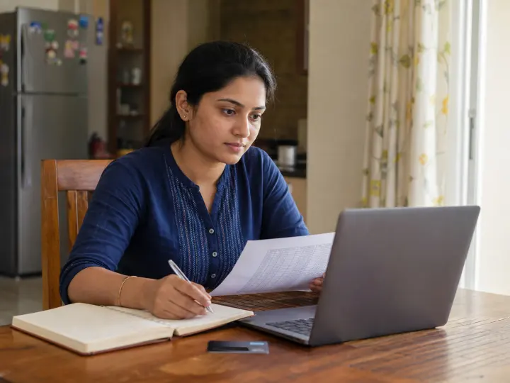 Indian woman reviewing monthly spending and cashback calculations at home