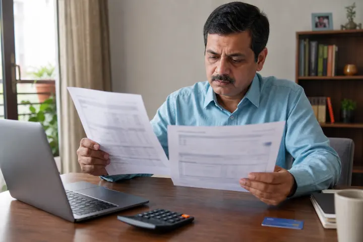 Indian professional reviewing credit-card reward terms and a monthly statement