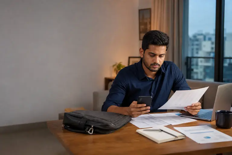 Indian salaried professional reviewing a salary account